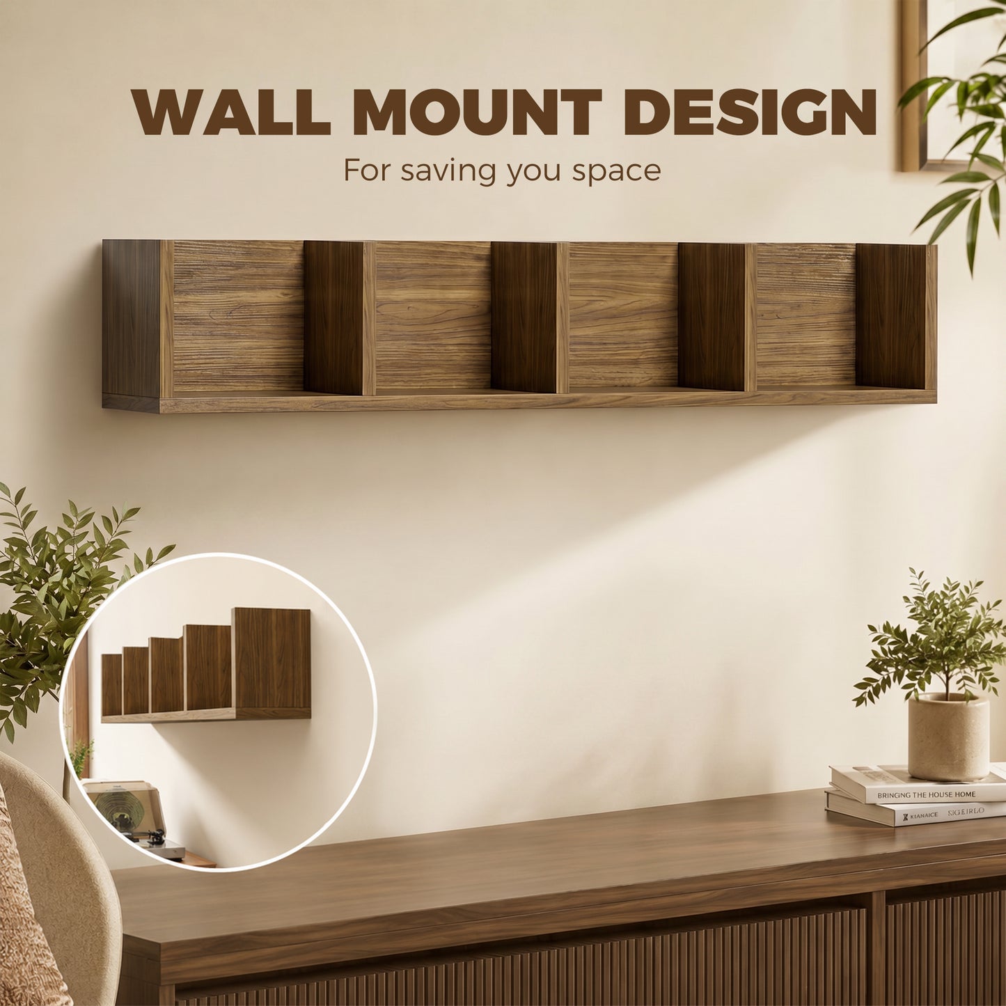 Wooden Wall-Mounted Storage Media Display Shelf Center Rack, Walnut