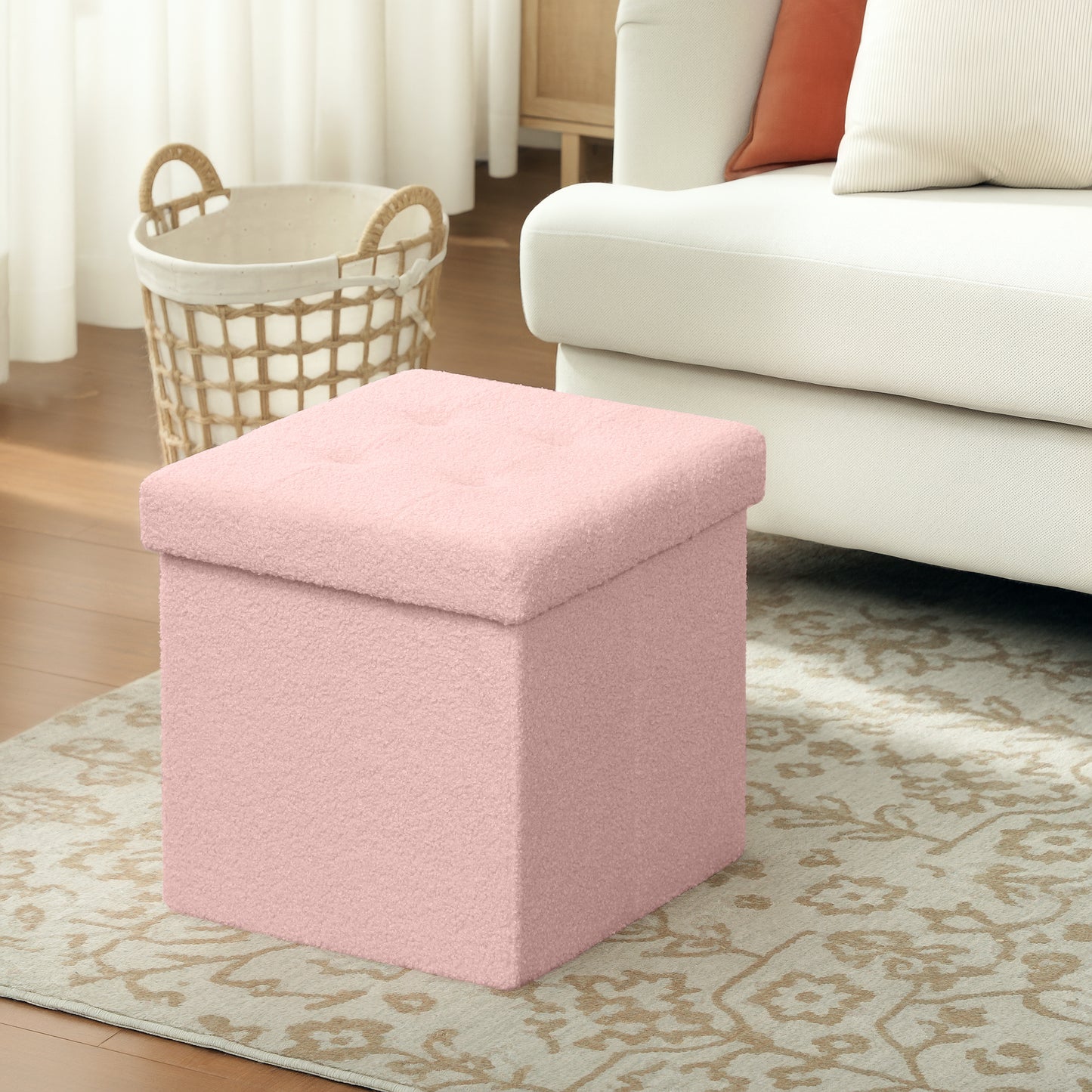 Foldable Sherpa Fleece Storage Ottoman, 38 x 38 x 38 cm, Pink