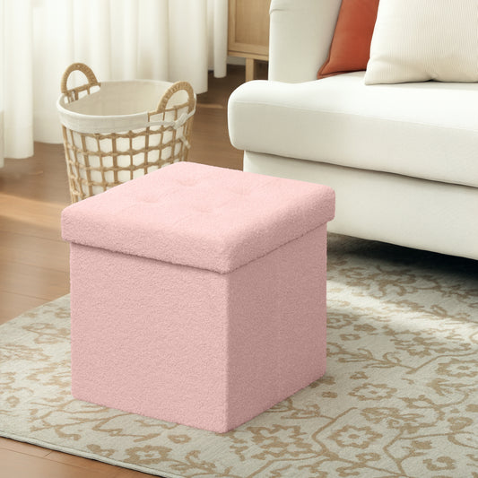 Foldable Sherpa Fleece Storage Ottoman, 38 x 38 x 38 cm, Pink