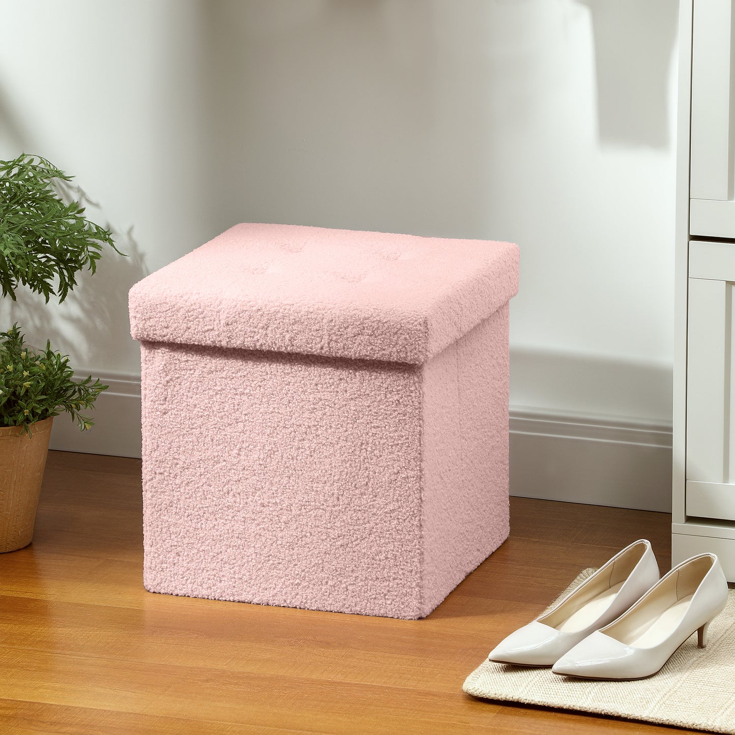 Foldable Sherpa Fleece Storage Ottoman, 38 x 38 x 38 cm, Pink