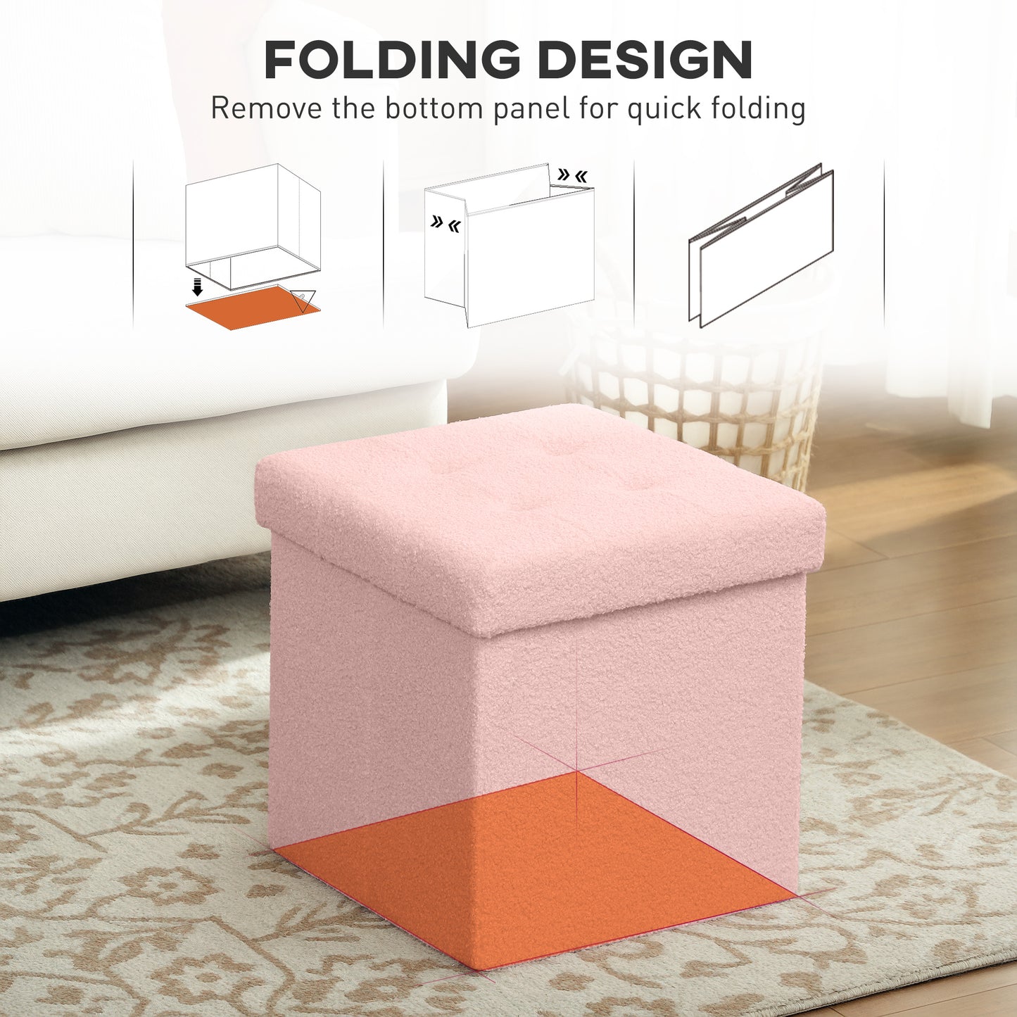 Foldable Sherpa Fleece Storage Ottoman, 38 x 38 x 38 cm, Pink