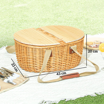 Wicker Picnic Basket for 2 with Pine Wood Lid, Light Brown