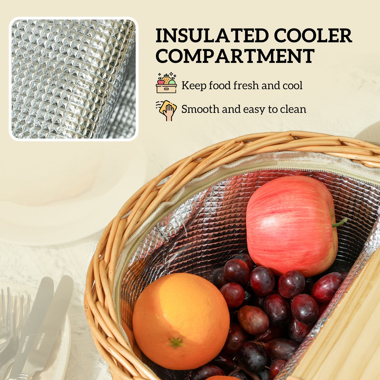 Wicker Picnic Basket for 2 with Pine Wood Lid, Light Brown