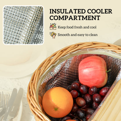 Wicker Picnic Basket for 2 with Pine Wood Lid, Light Brown