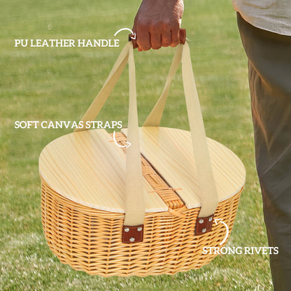Wicker Picnic Basket for 2 with Pine Wood Lid, Light Brown