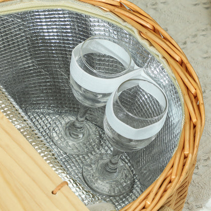 Wicker Picnic Basket for 2 with Pine Wood Lid, Light Brown