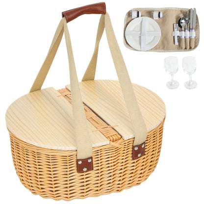 Wicker Picnic Basket for 2 with Pine Wood Lid, Light Brown