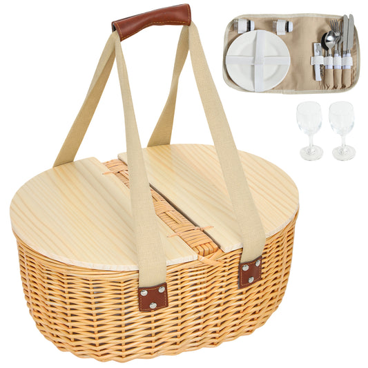 Wicker Picnic Basket for 2 with Pine Wood Lid, Light Brown