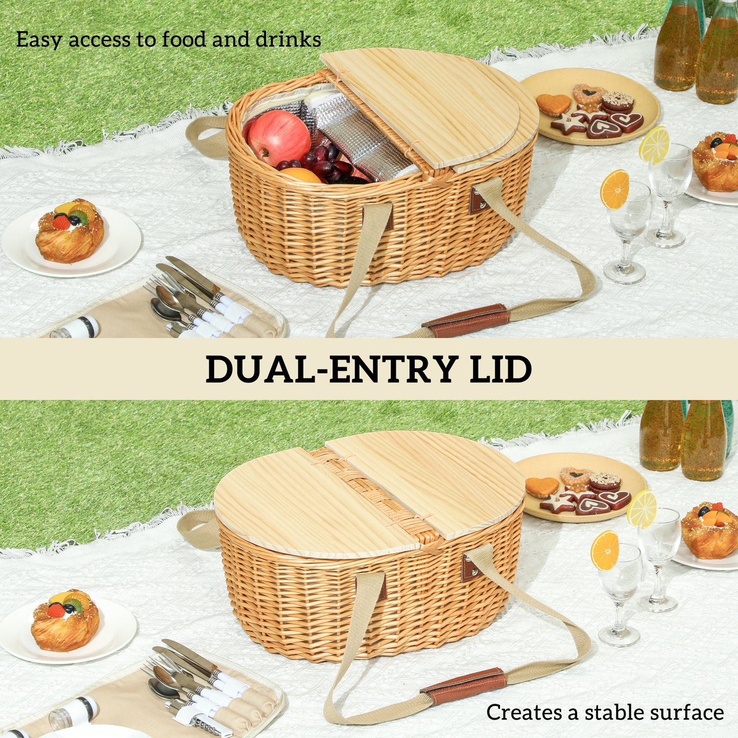 Wicker Picnic Basket for 2 with Pine Wood Lid, Light Brown