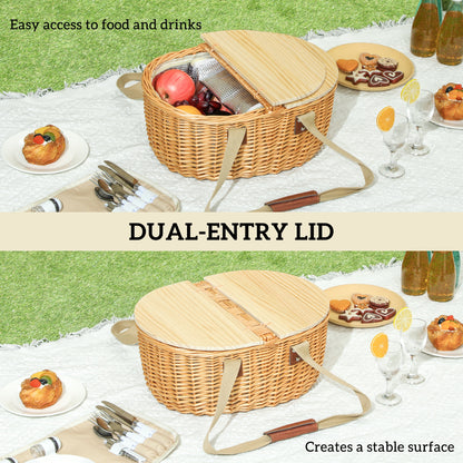 Wicker Picnic Basket for 2 with Pine Wood Lid, Light Brown