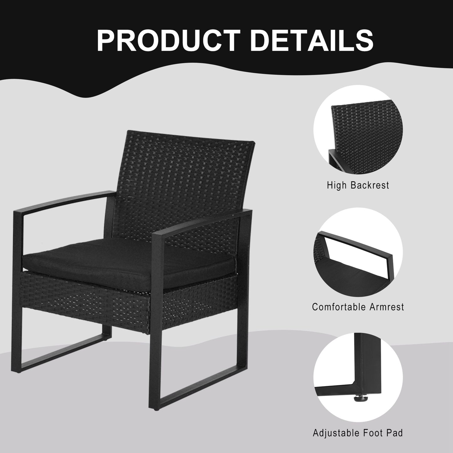 Outsunny 3 Pieces Outdoor Rattan Bistro Set, Patio Wicker Balcony Furniture, Conservatory Sofa Coffee Table and Chairs Sets for Garden, Backyard, Porch, Black