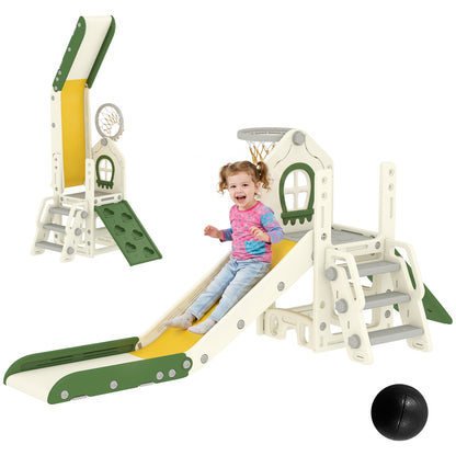 Foldable 5 in 1 Kids Slide with Climber and Basketball Hoop, Cream