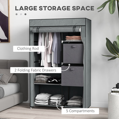 Fabric Portable Wardrobe with 2 Fabric Drawers, Hanging Rail, Grey