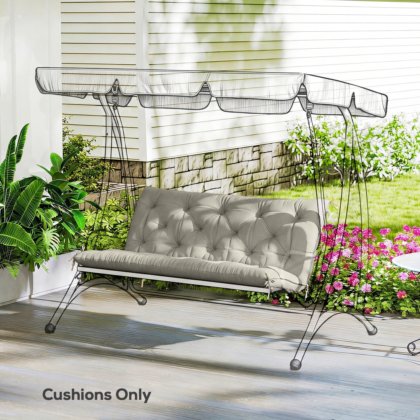 Garden Bench Cushion, Seat Pad with Ties, Light Grey