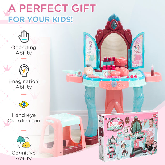 31 PCS Kids Dressing Table Set with Magic Princess Mirror, Musical Pretend Toy W/ Beauty Kit Mirror & Music, for 3-6 Years Old Blue+Pink