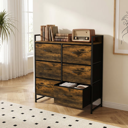 6-Drawer Fabric Chest with Top Shelf and Steel Frame - Rustic Brown & Black