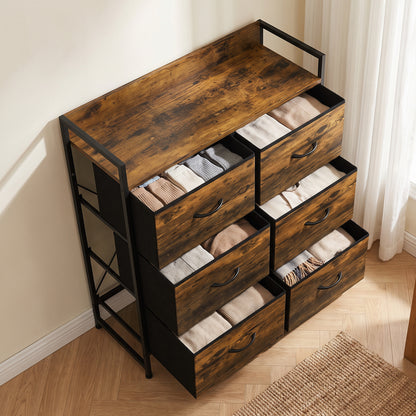 6-Drawer Fabric Chest with Top Shelf and Steel Frame - Rustic Brown & Black