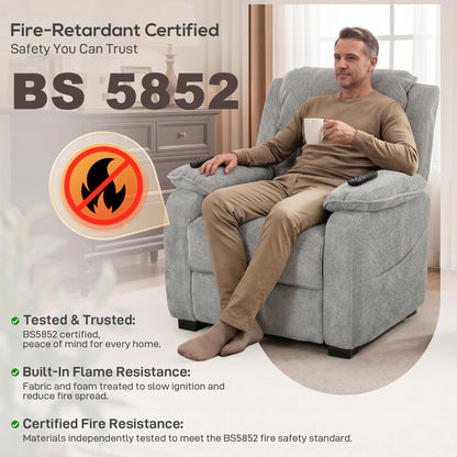 Power Recliner Armchair with Massage and Heat, Velvet-Feel Fabric Quiet Electric Reclining Chair with Wide Spring Seat, Memory Function, High Back, Headrest, USB Port, Side Pockets, Light Grey