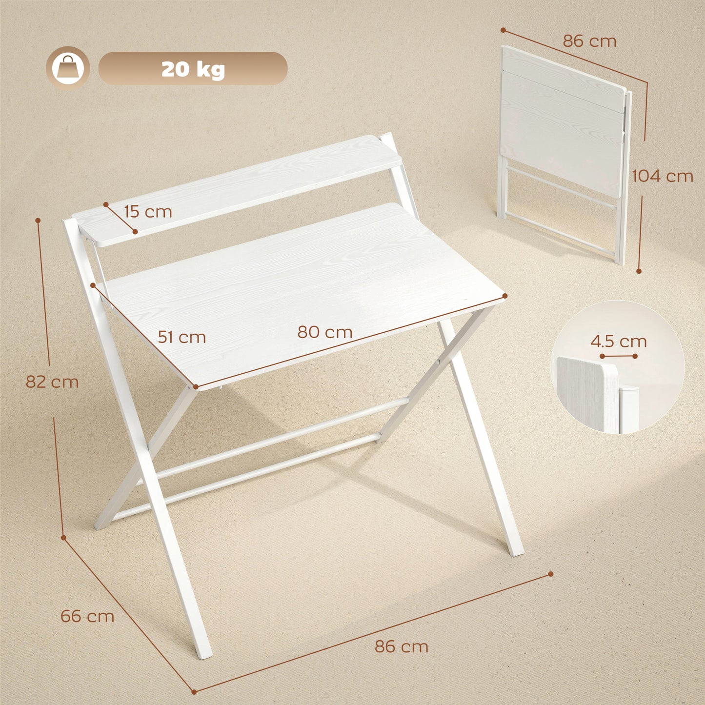 Folding Desk with 2-Tier Shelf for Home Office, White