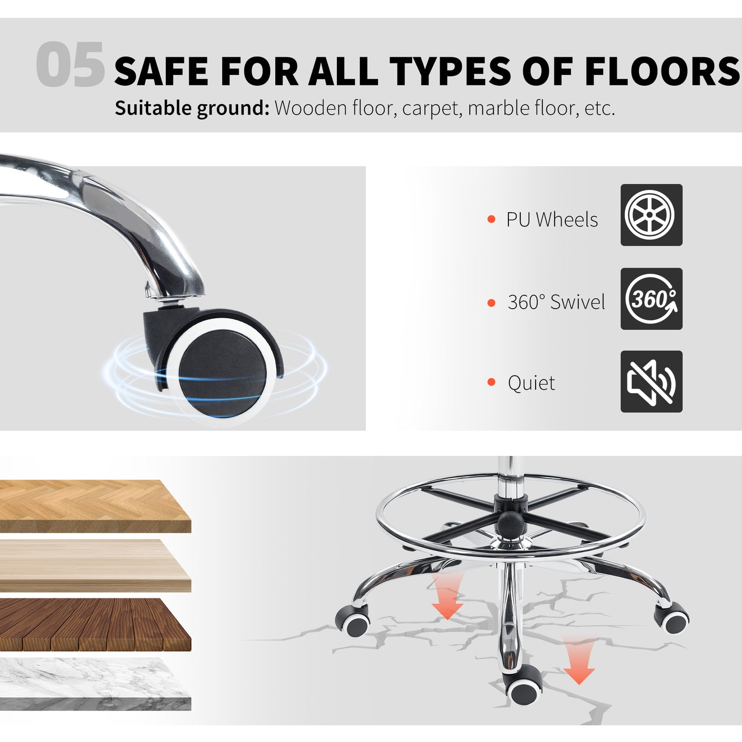 Ergonomic Tall Office Chair, 360 Degree Swivel Task Stool
