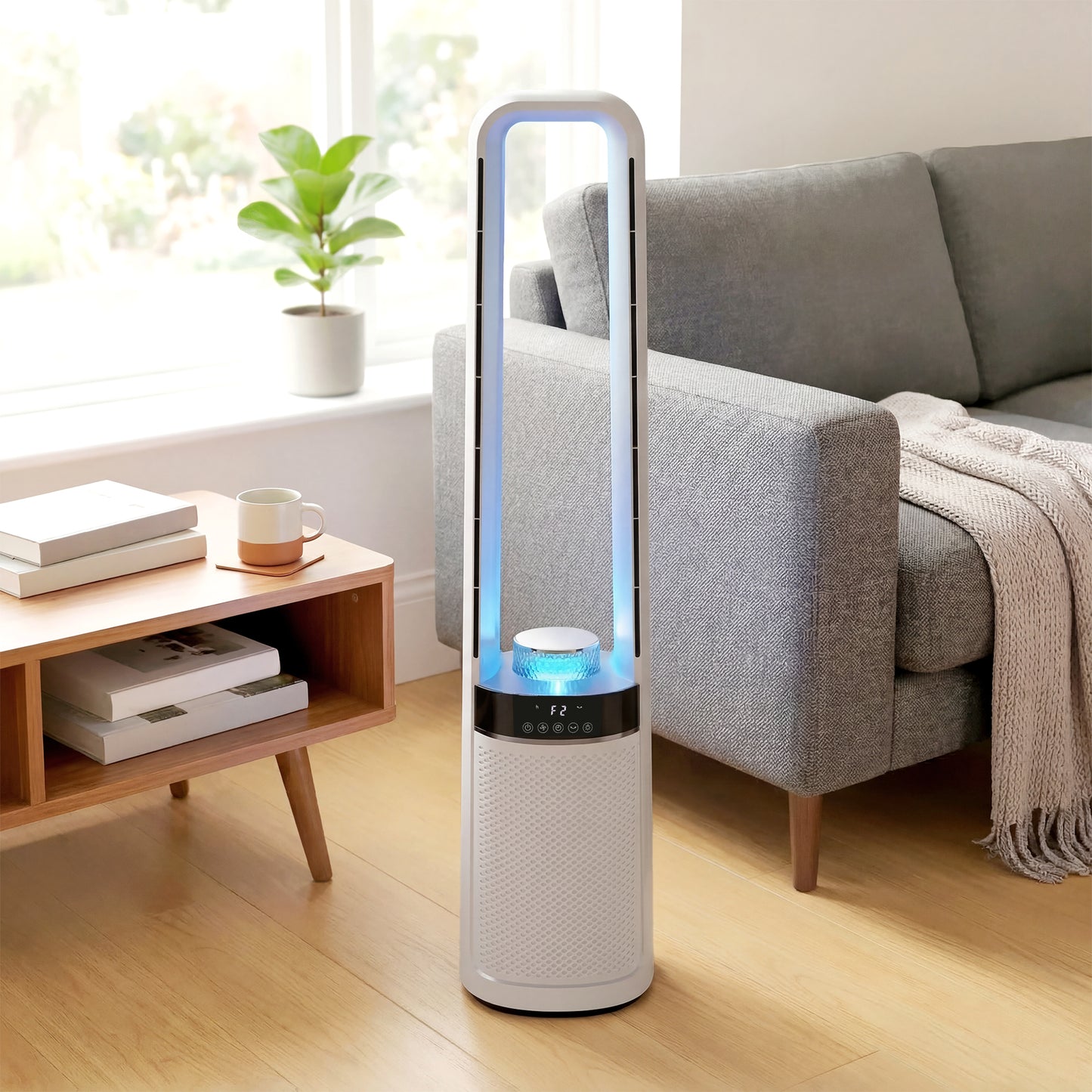 Bladeless Tower Fan with 45° Oscillating, LED Lights, 3 Speeds, White