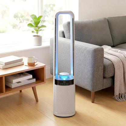 Bladeless Tower Fan with 45° Oscillating, LED Lights, 3 Speeds, White