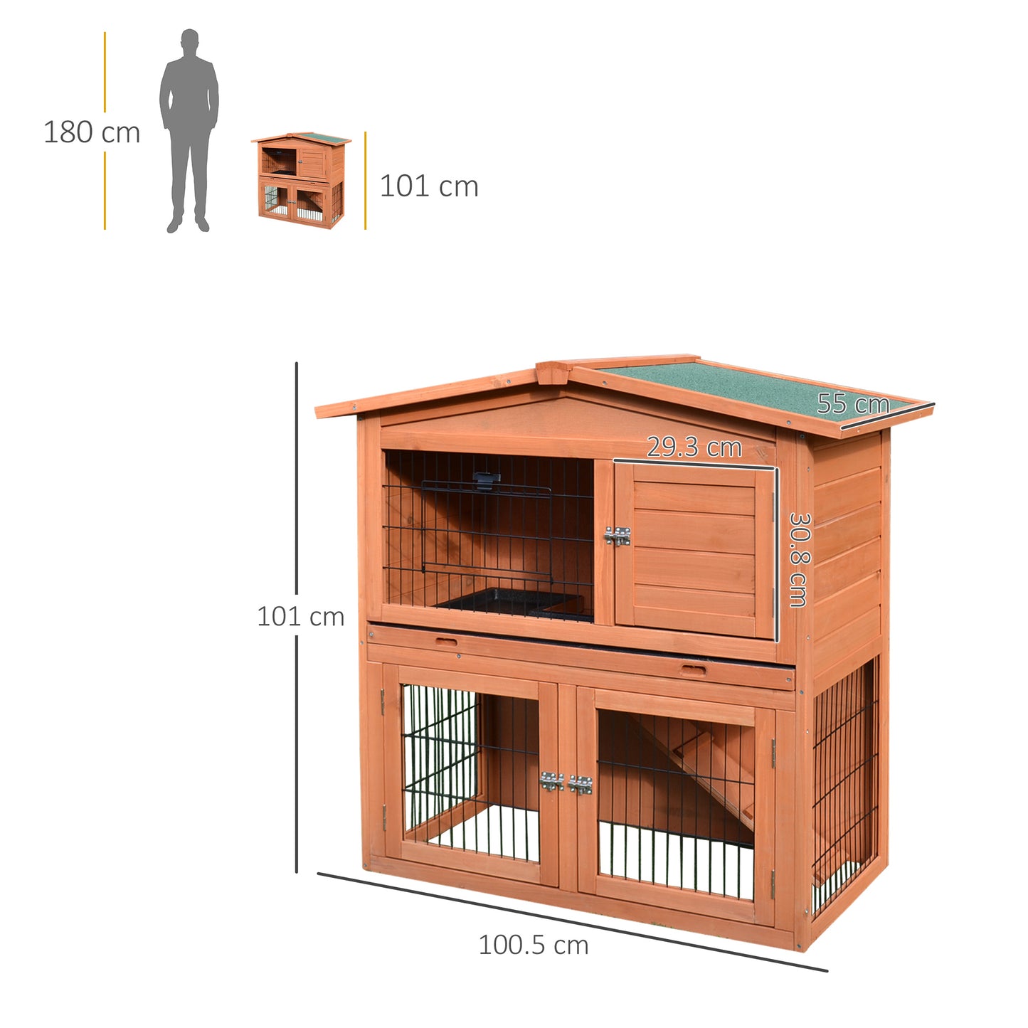 Rabbit Hutch, 2-Tier Bunny Cage with No-Leak Tray & Ramp, Outdoor