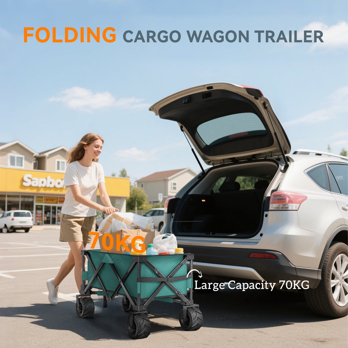 Outdoor Cart Folding Cargo Wagon Trailer Beach w/ Handle Green