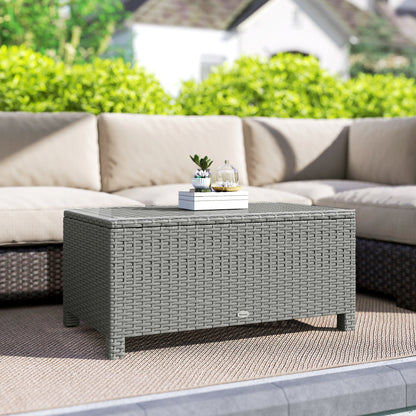 Garden Rattan Side Table, Wicker Coffee Desk, Glass Top, Light Grey