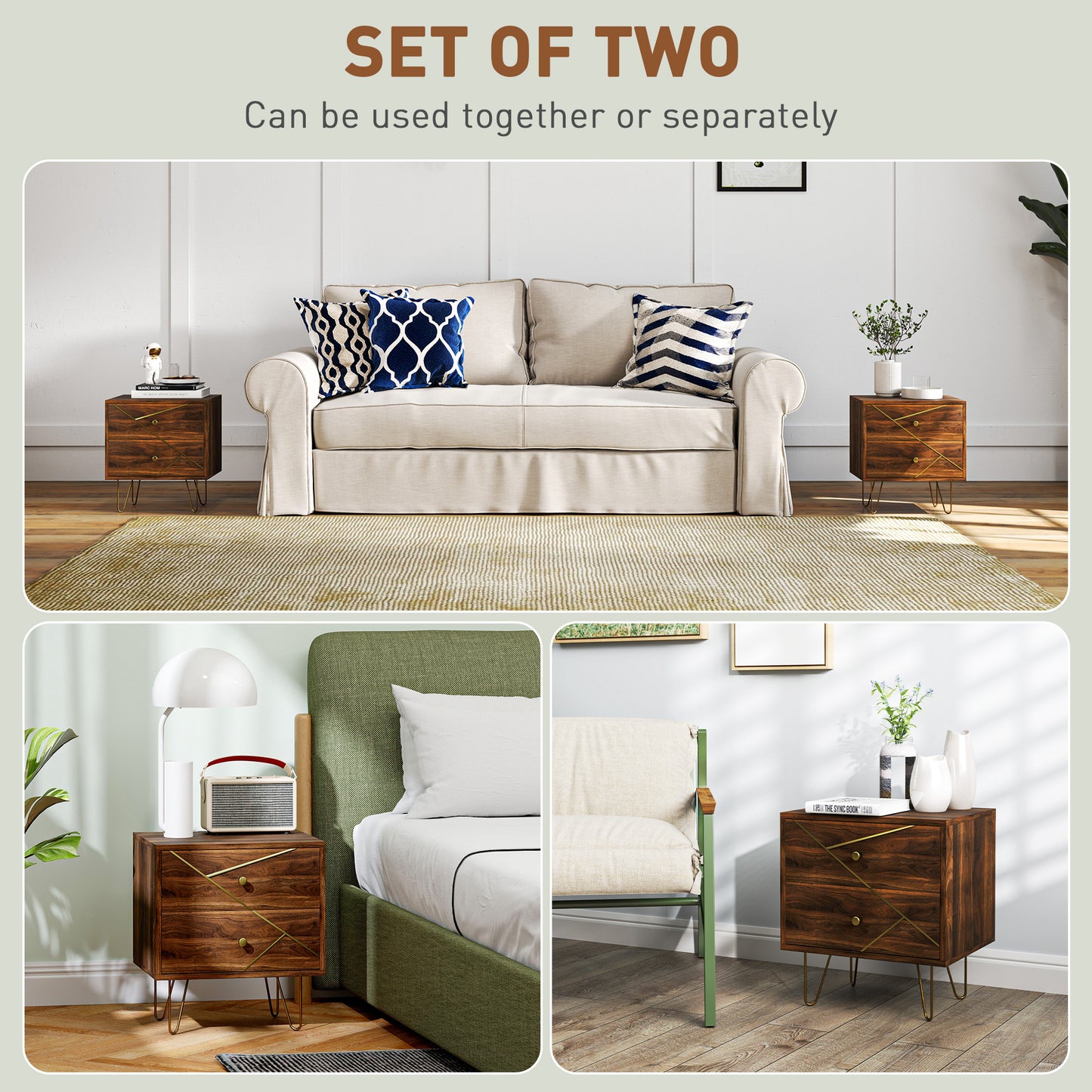 Bedside Tables Set of 2, Modern Side Table Set with 2 Drawers, Brown