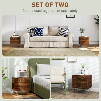 Bedside Tables Set of 2, Modern Side Table Set with 2 Drawers, Brown