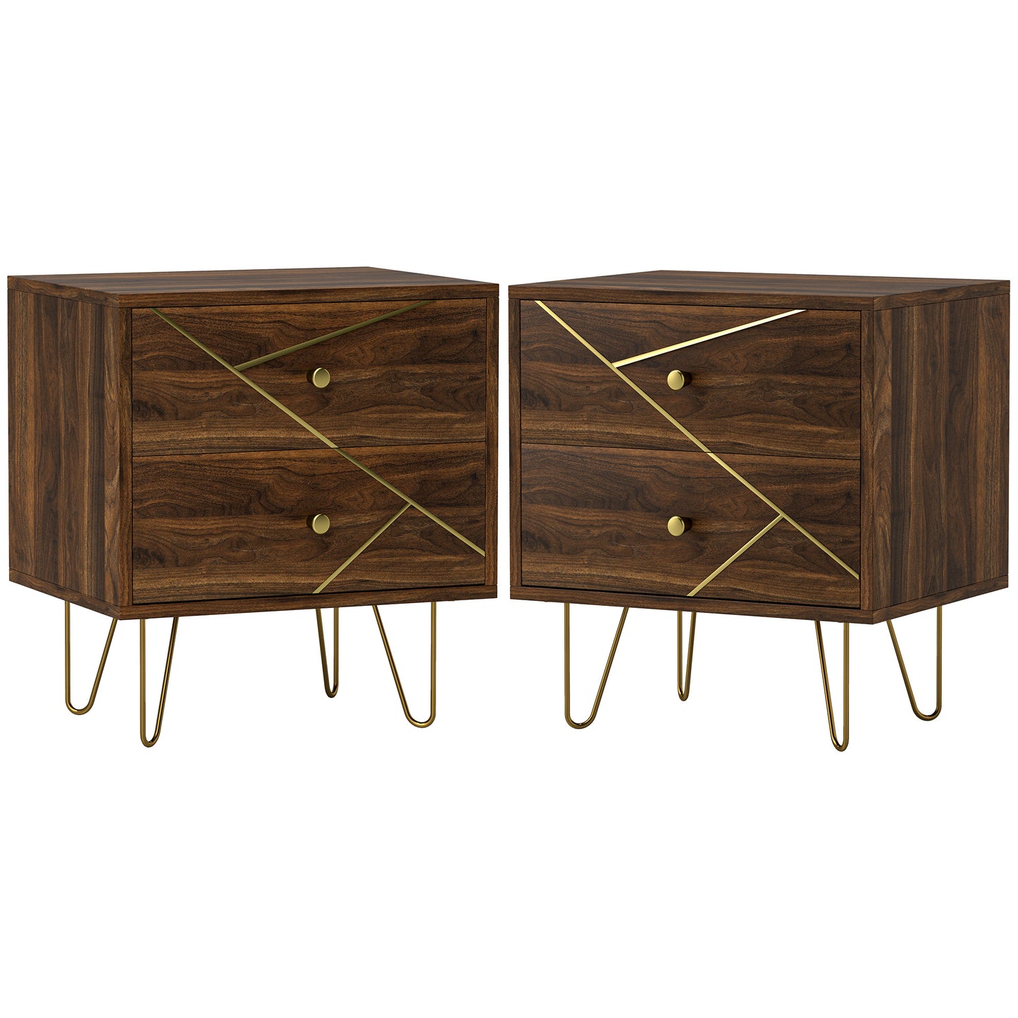 Bedside Tables Set of 2, Modern Side Table Set with 2 Drawers, Brown