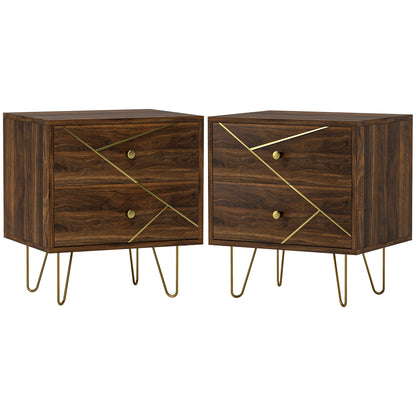 Bedside Tables Set of 2, Modern Side Table Set with 2 Drawers, Brown