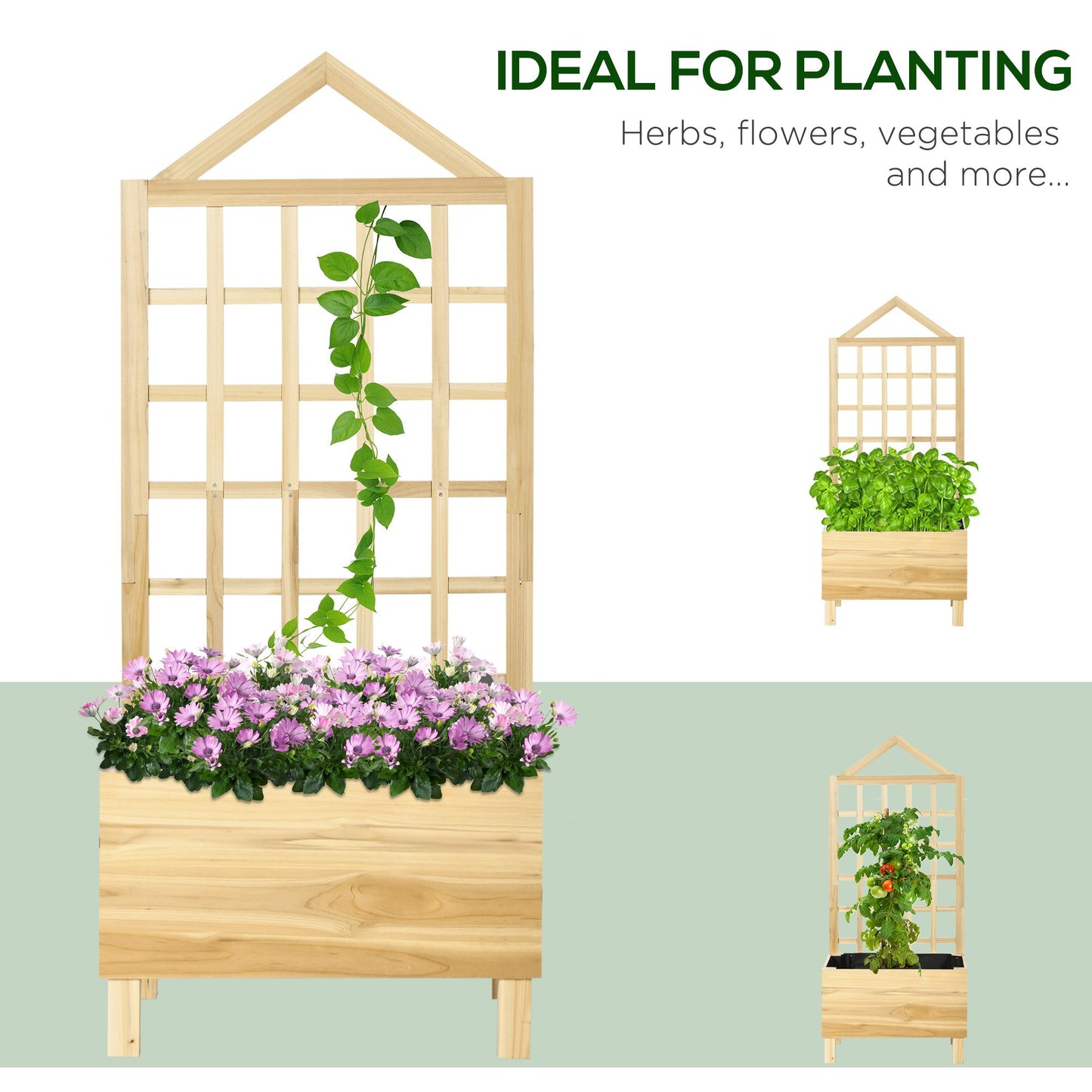 Wooden Garden Planters with Trellis for Vine Climbing Plants, Natural