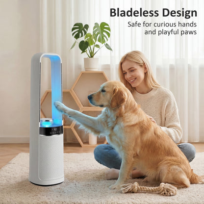 Bladeless Tower Fan with 45° Oscillating, LED Lights, 3 Speeds, White