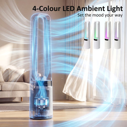 Bladeless Tower Fan with 45° Oscillating, LED Lights, 3 Speeds, White