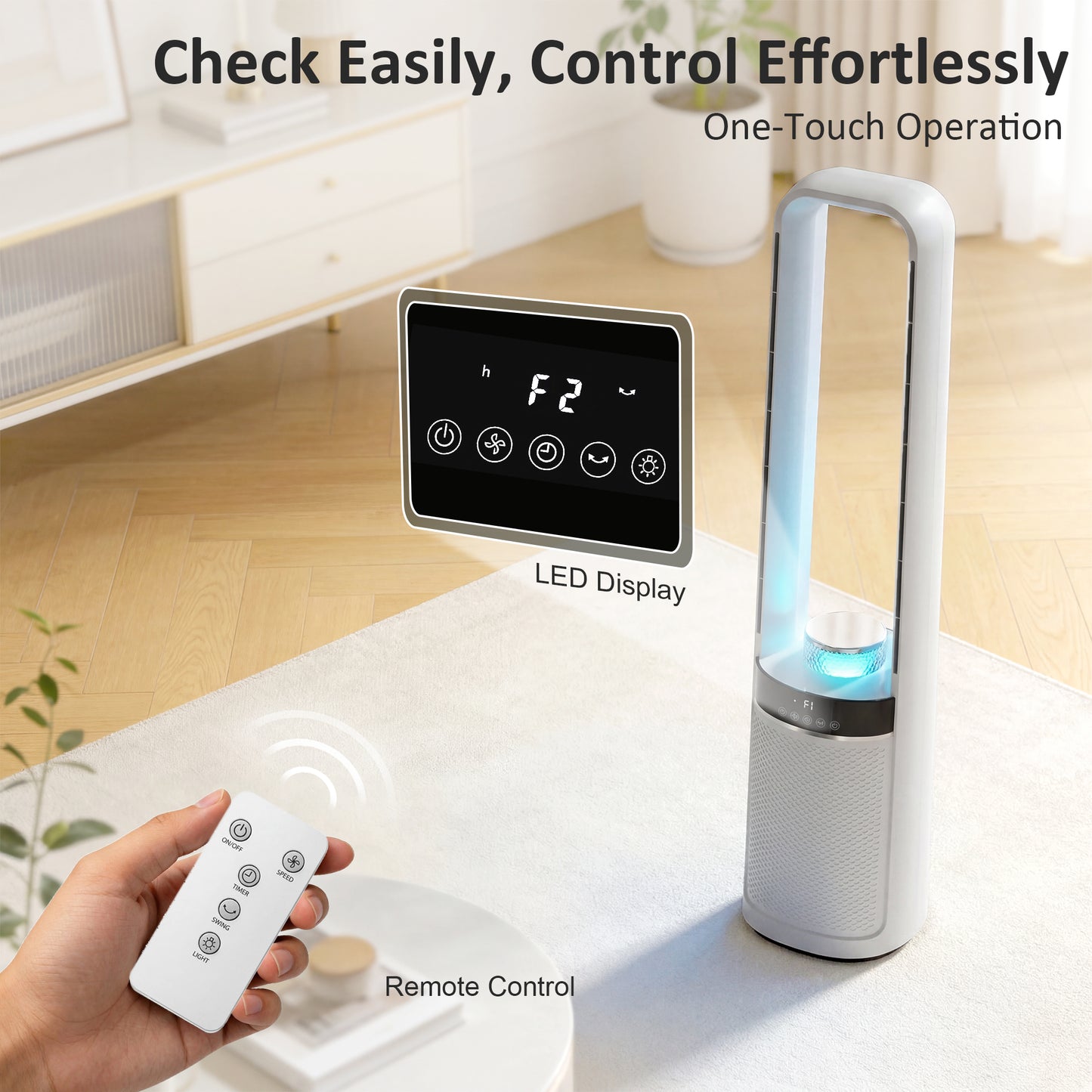 Bladeless Tower Fan with 45° Oscillating, LED Lights, 3 Speeds, White