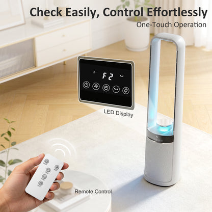 Bladeless Tower Fan with 45° Oscillating, LED Lights, 3 Speeds, White