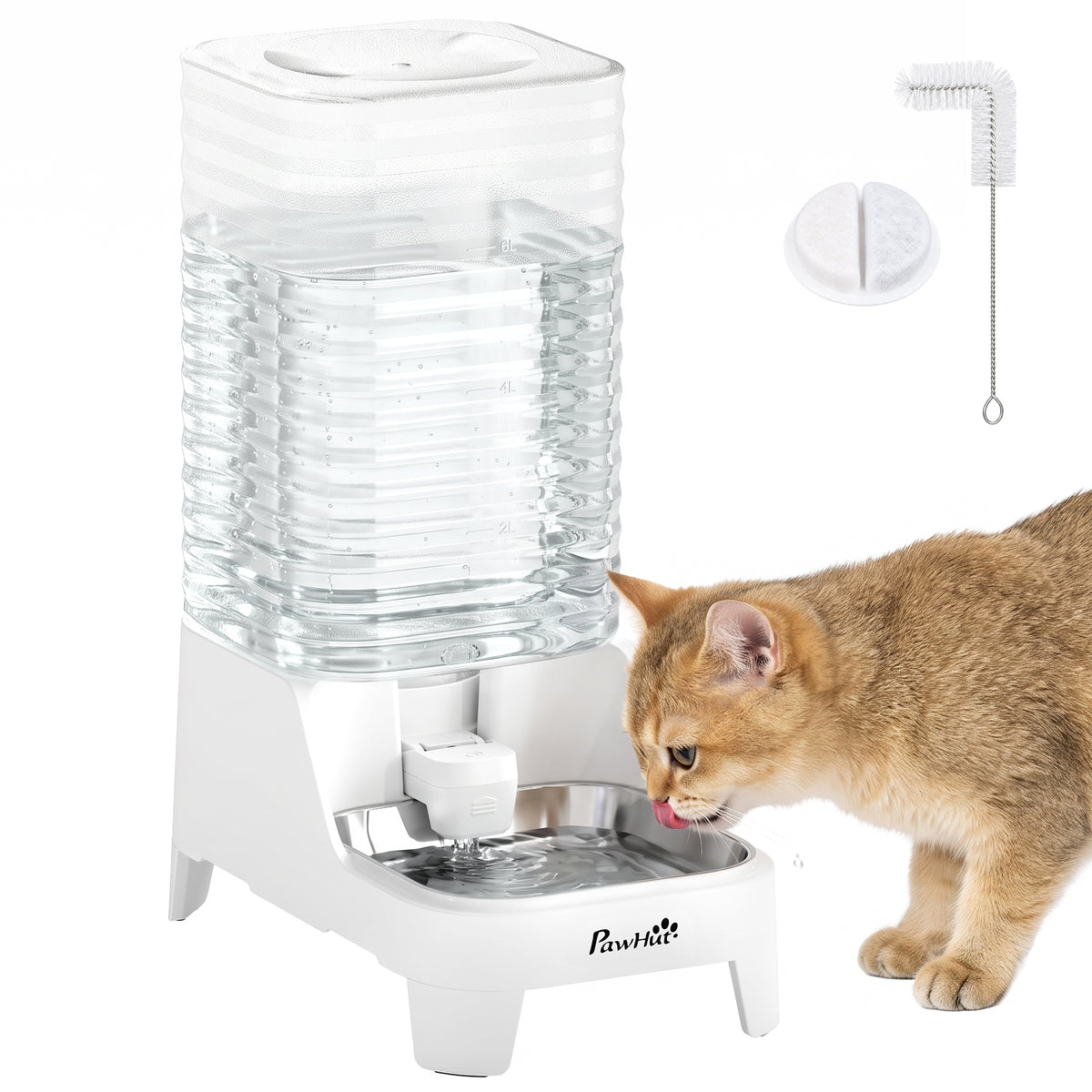 8L Gravity-Fed Pet Water Dispenser with Stainless Steel Bowl - White