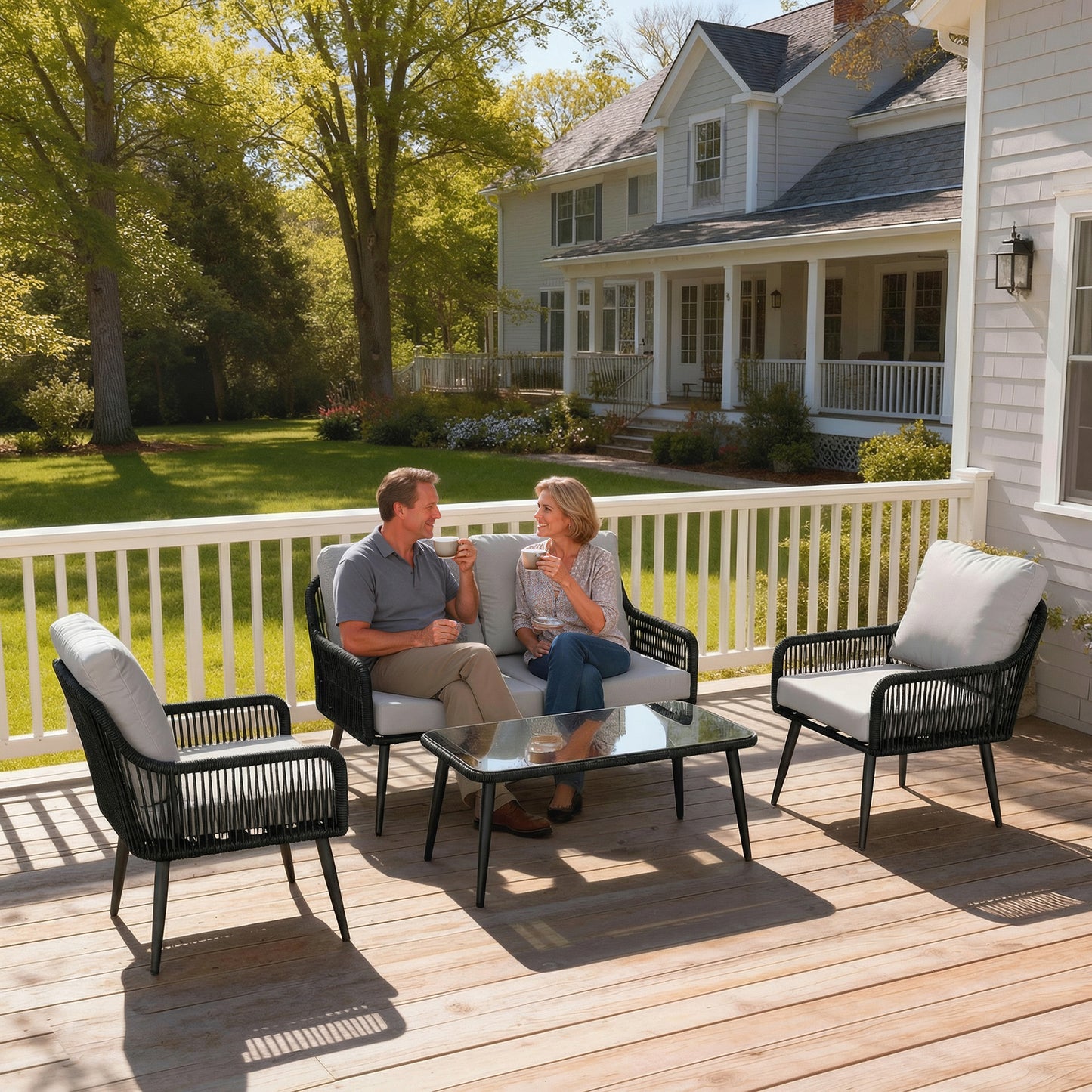 Rattan Garden Furniture Set, Tempered Glass with 3 Chairs