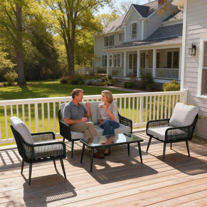 Rattan Garden Furniture Set, Tempered Glass with 3 Chairs