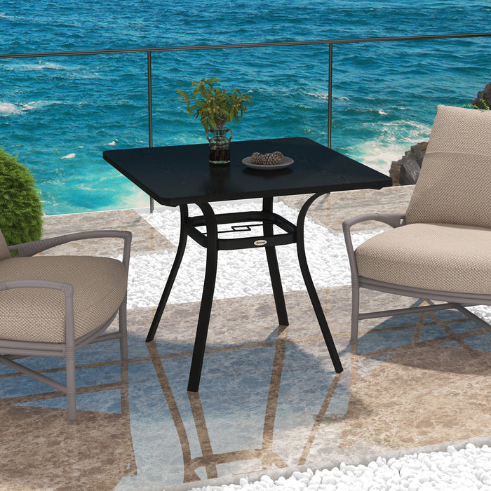 Steel Frame Garden Table with Metal Tabletop, Foot Pads, Umbrella Hole, Modern Design, for Balcony, Porch, Black