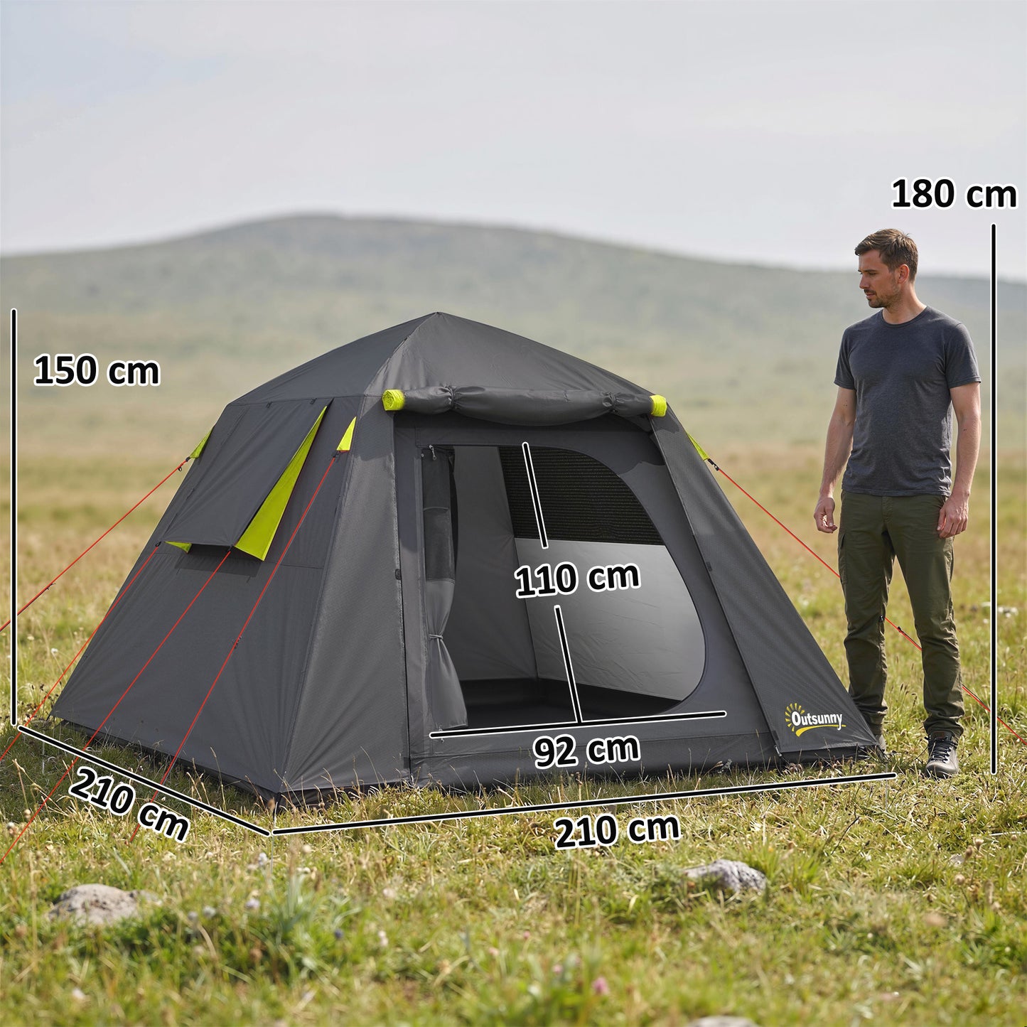Camping Tent, 2 Man Dome Tent with 2 Doors and 2 Windows, 3000mm Waterproof, with Sewn-in Groundsheet, Carry Bag and Top Hook for Fishing Hiking Festival, Grey & Green