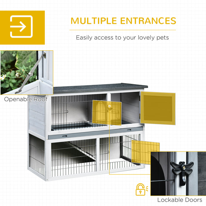 Small Animal Two-Level Fir Wood Hutch w/ Slide Out Tray Grey