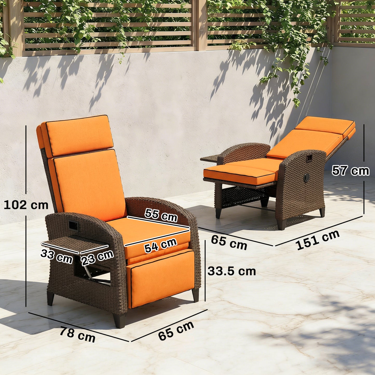 Garden Recliner with Cushion, Rattan Recliner Chair with Armrests