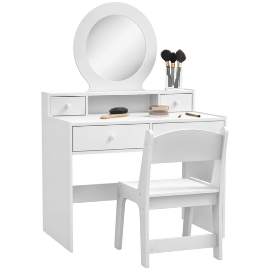 Kids Dressing Table with Mirror and Stool, Kids Vanity Table Make up Set with Storage Drawers Gift for Aged 3–8 Years Old - White