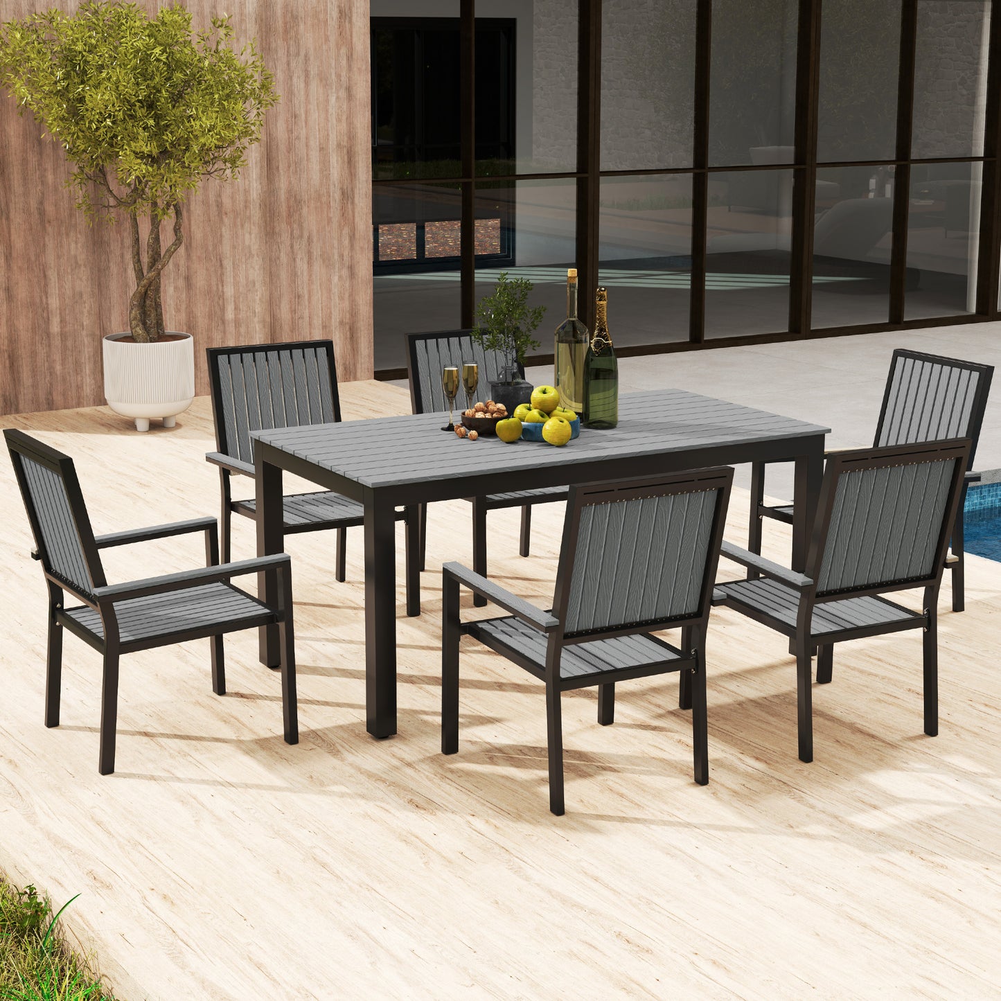6 Seater Aluminium Garden Dining Set with Stackable Chairs, Grey