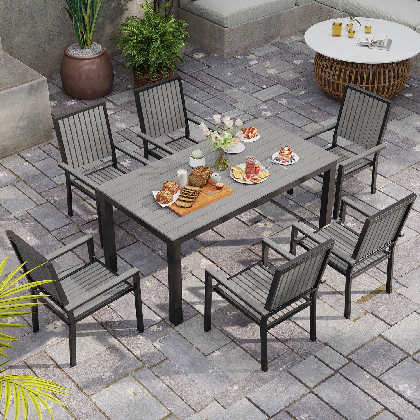 6 Seater Aluminium Garden Dining Set with Stackable Chairs, Grey