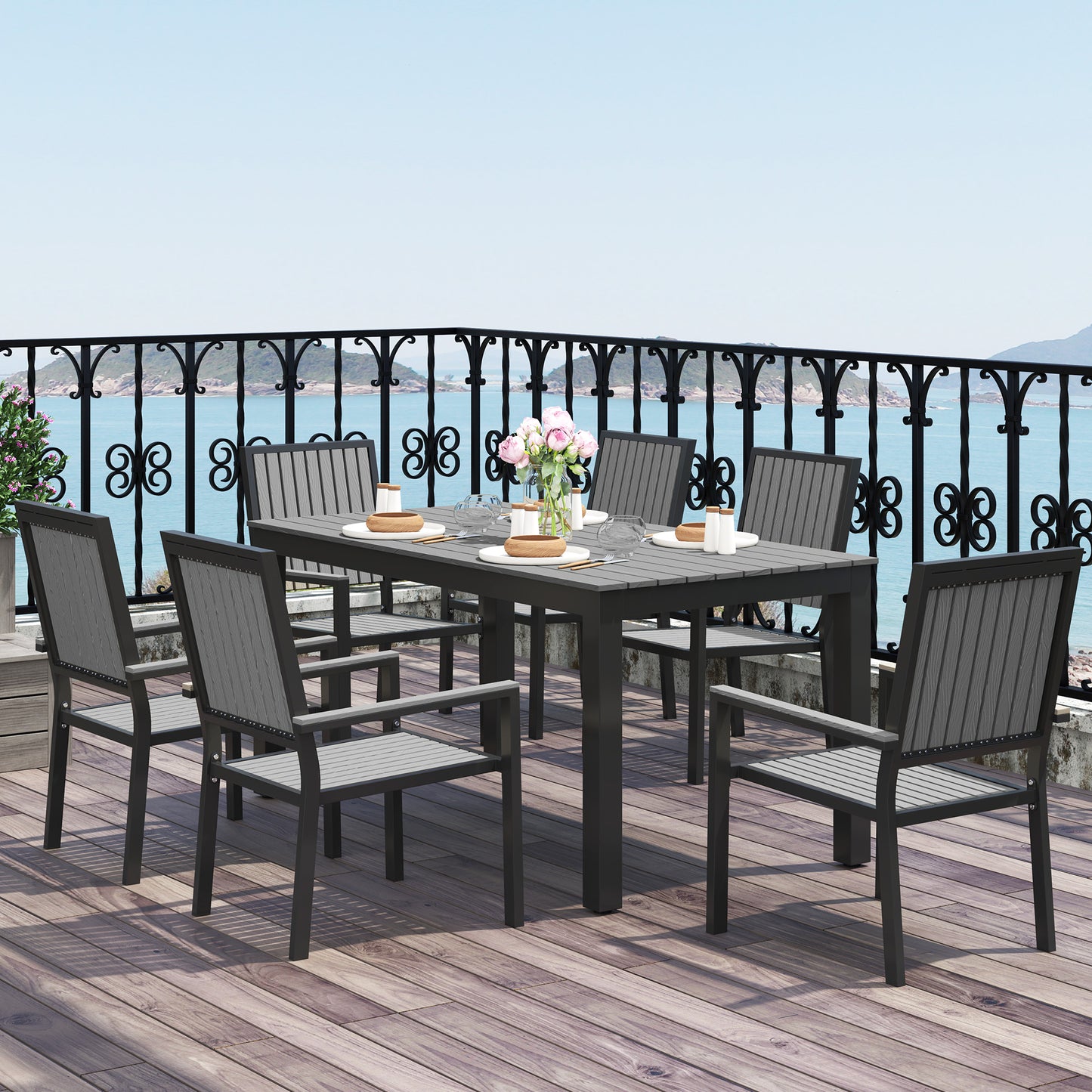 6 Seater Aluminium Garden Dining Set with Stackable Chairs, Grey