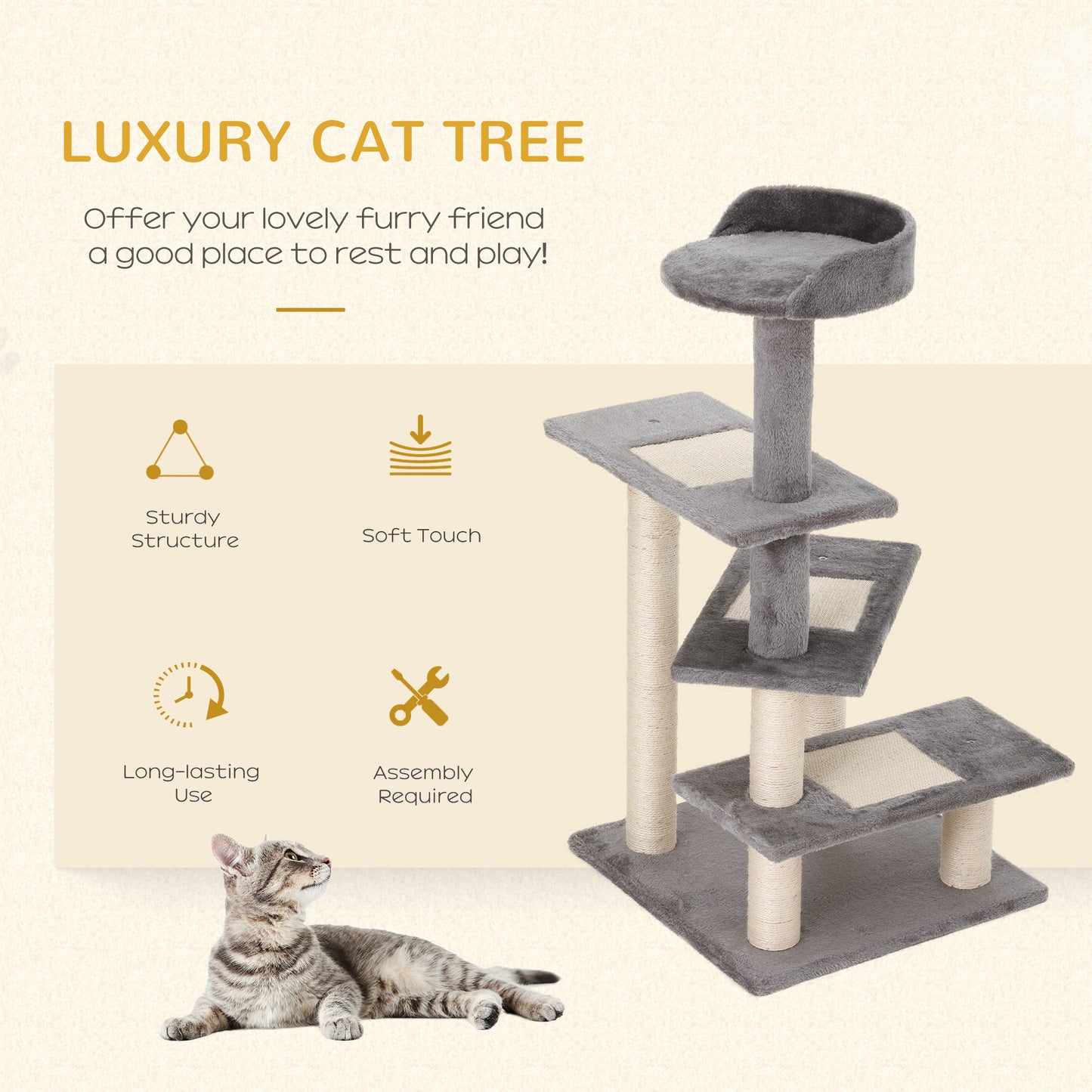 100 cm Cat Tree for Indoor Cats Kitten Scratch Scratching Post Climbing Tower Activity Center Grey